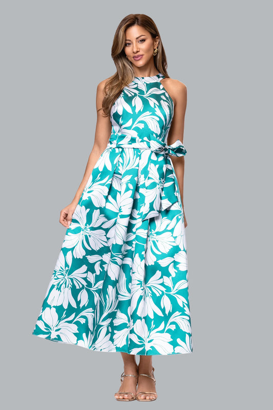 "Natalia" Mikado Print Bow Waist Midi Dress - Aqua/White | Betsy & Adam