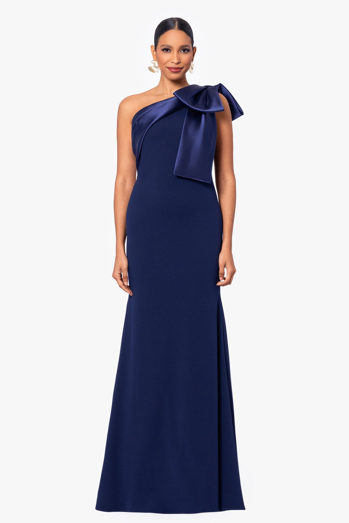 "Carmela" Scuba Crepe With Satin Bow Dress - Navy | Betsy & Adam