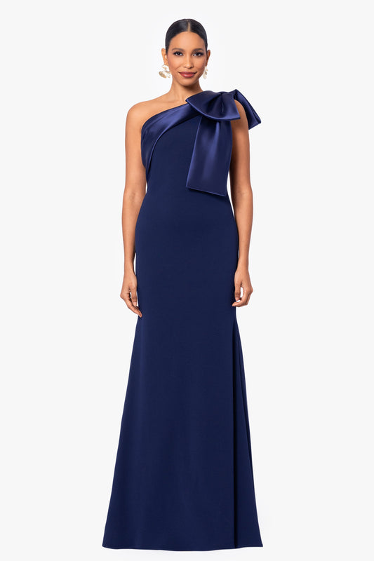"Carmela" Scuba Crepe With Satin Bow Dress - Navy | Betsy & Adam
