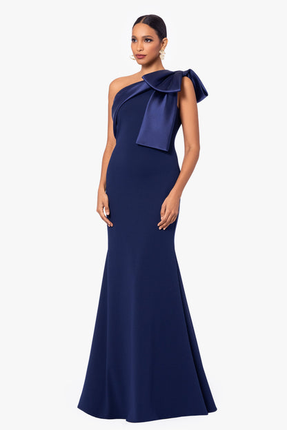 "Carmela" Scuba Crepe With Satin Bow Dress - Navy | Betsy & Adam