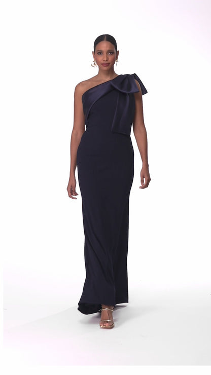 "Carmela" Scuba Crepe With Satin Bow Dress - Navy | Betsy & Adam