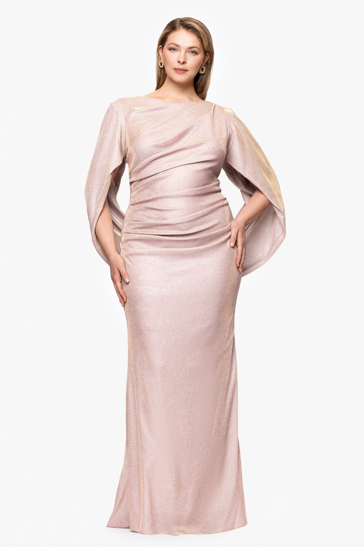 Plus "Gracie" Metallic Knit Glitter Draped Dress - White/Pink/Gold | Betsy & Adam