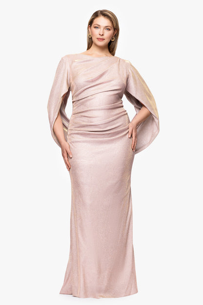 Plus "Gracie" Metallic Knit Glitter Draped Dress - White/Pink/Gold | Betsy & Adam