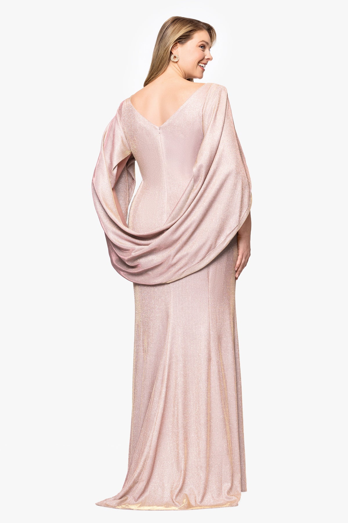 Plus "Gracie" Metallic Knit Glitter Draped Dress - White/Pink/Gold | Betsy & Adam