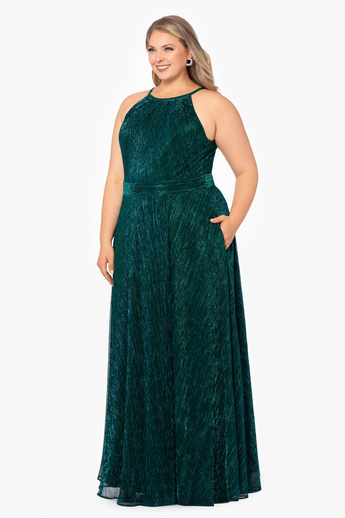 Plus "Mila" Metallic Halter Dress - Jade | Betsy & Adam