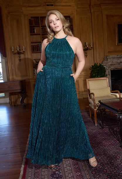 Plus "Mila" Metallic Halter Dress - Jade | Betsy & Adam