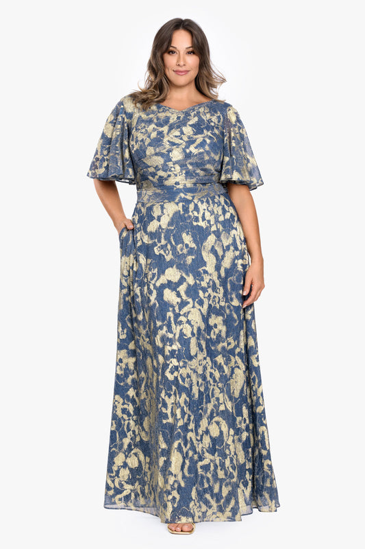 Plus "Juniper" Metallic Knit Short Sleeve Dress - Slate/Gold | Betsy & Adam