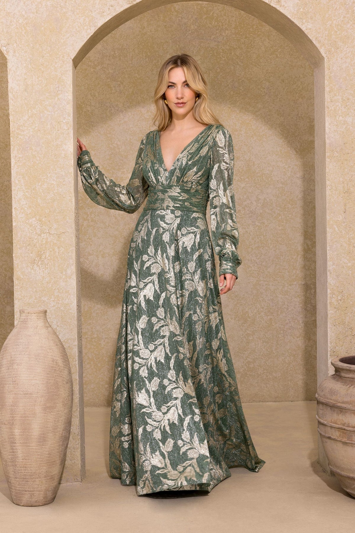 “Molly” Metallic Long Sleeve V-Neck Dress - Matcha/Gold | Betsy & Adam