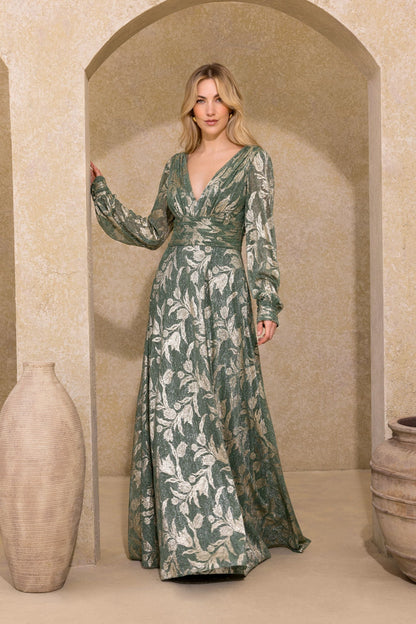 “Molly” Metallic Long Sleeve V-Neck Dress - Matcha/Gold | Betsy & Adam
