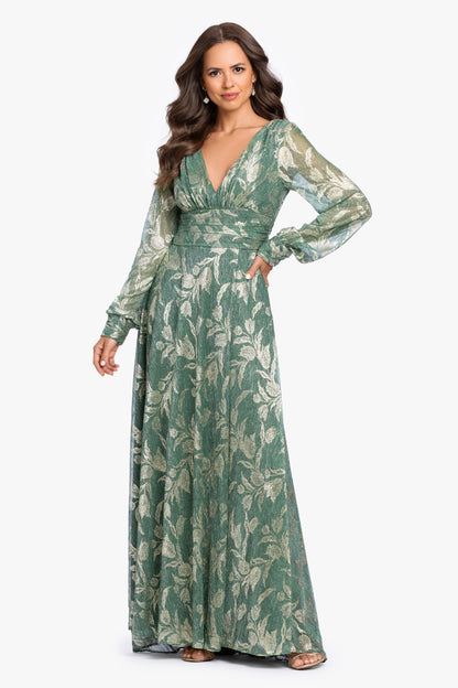 “Molly” Metallic Long Sleeve V-Neck Dress - Matcha/Gold | Betsy & Adam