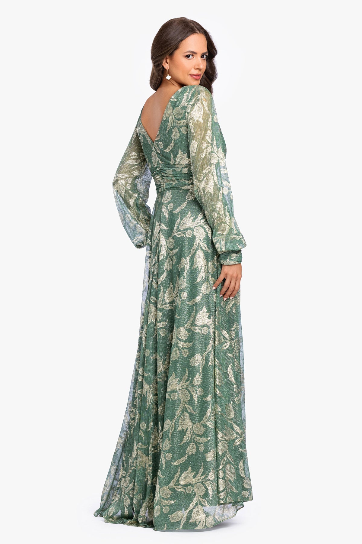 “Molly” Metallic Long Sleeve V-Neck Dress - Matcha/Gold | Betsy & Adam