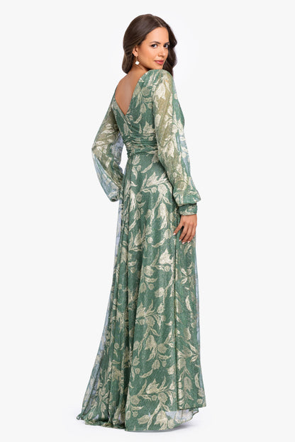 “Molly” Metallic Long Sleeve V-Neck Dress - Matcha/Gold | Betsy & Adam