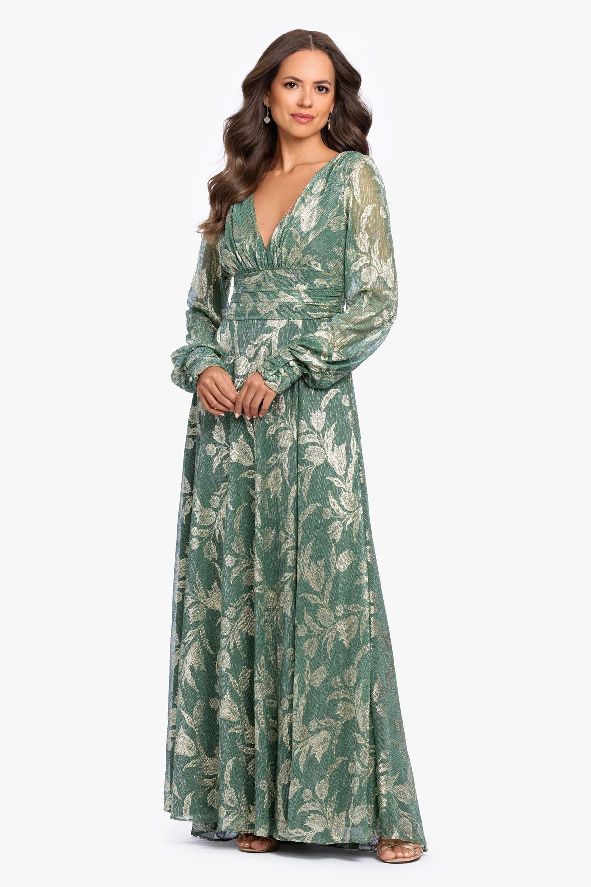 “Molly” Metallic Long Sleeve V-Neck Dress - Matcha/Gold | Betsy & Adam