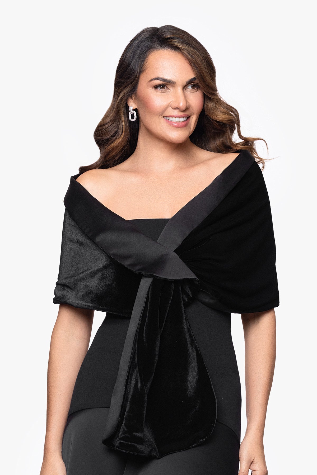"Rosemary" Velvet & Satin Pull-Through Shawl Wrap - Black | Betsy & Adam