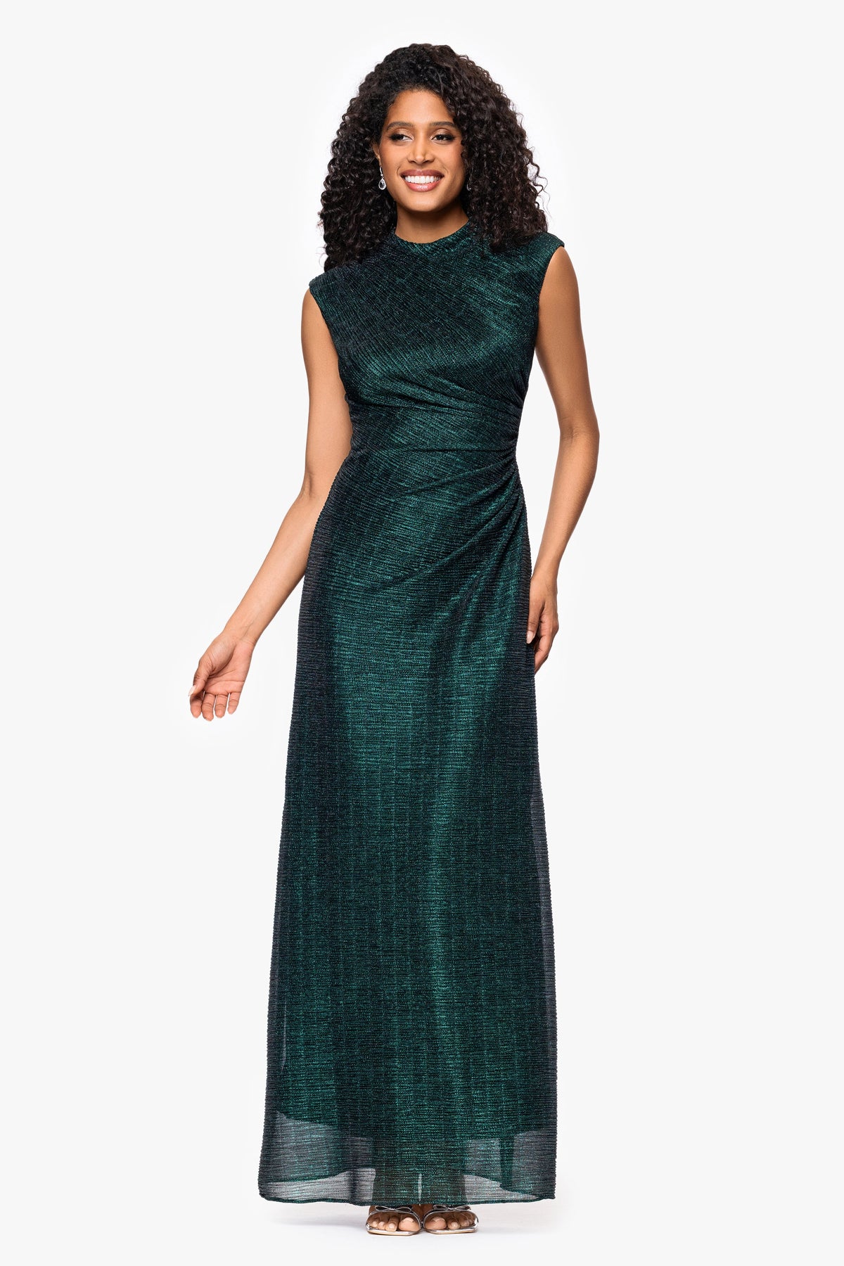 "Bethany" Metallic Ruched Dress - Black/Emerald | Betsy & Adam