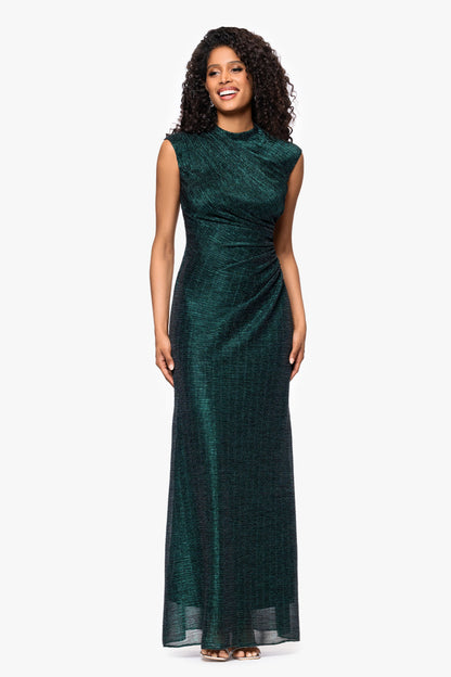 "Bethany" Metallic Ruched Dress - Black/Emerald | Betsy & Adam