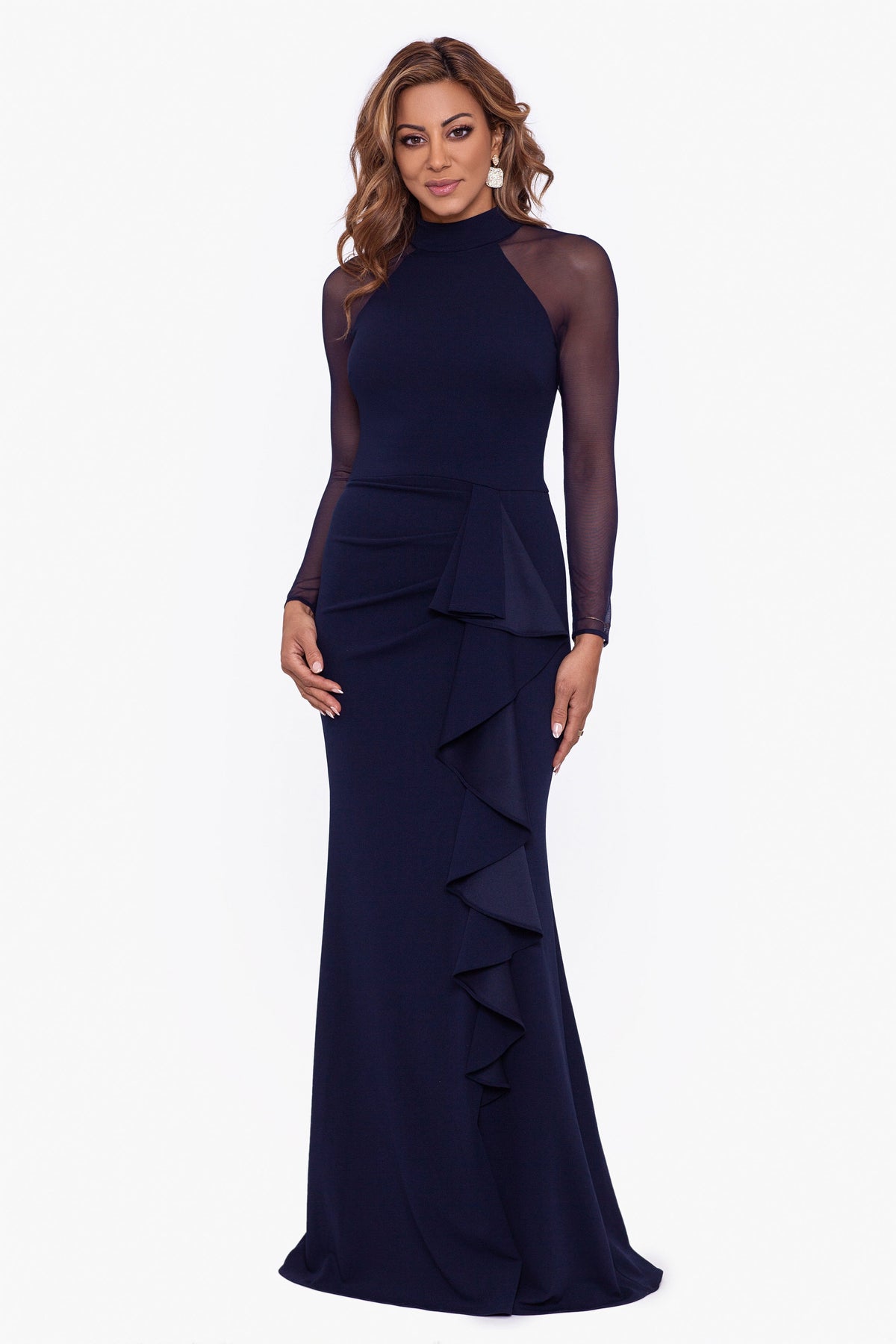 "Natalie" Scuba Crepe Mesh Sleeve Dress - Navy | Betsy & Adam