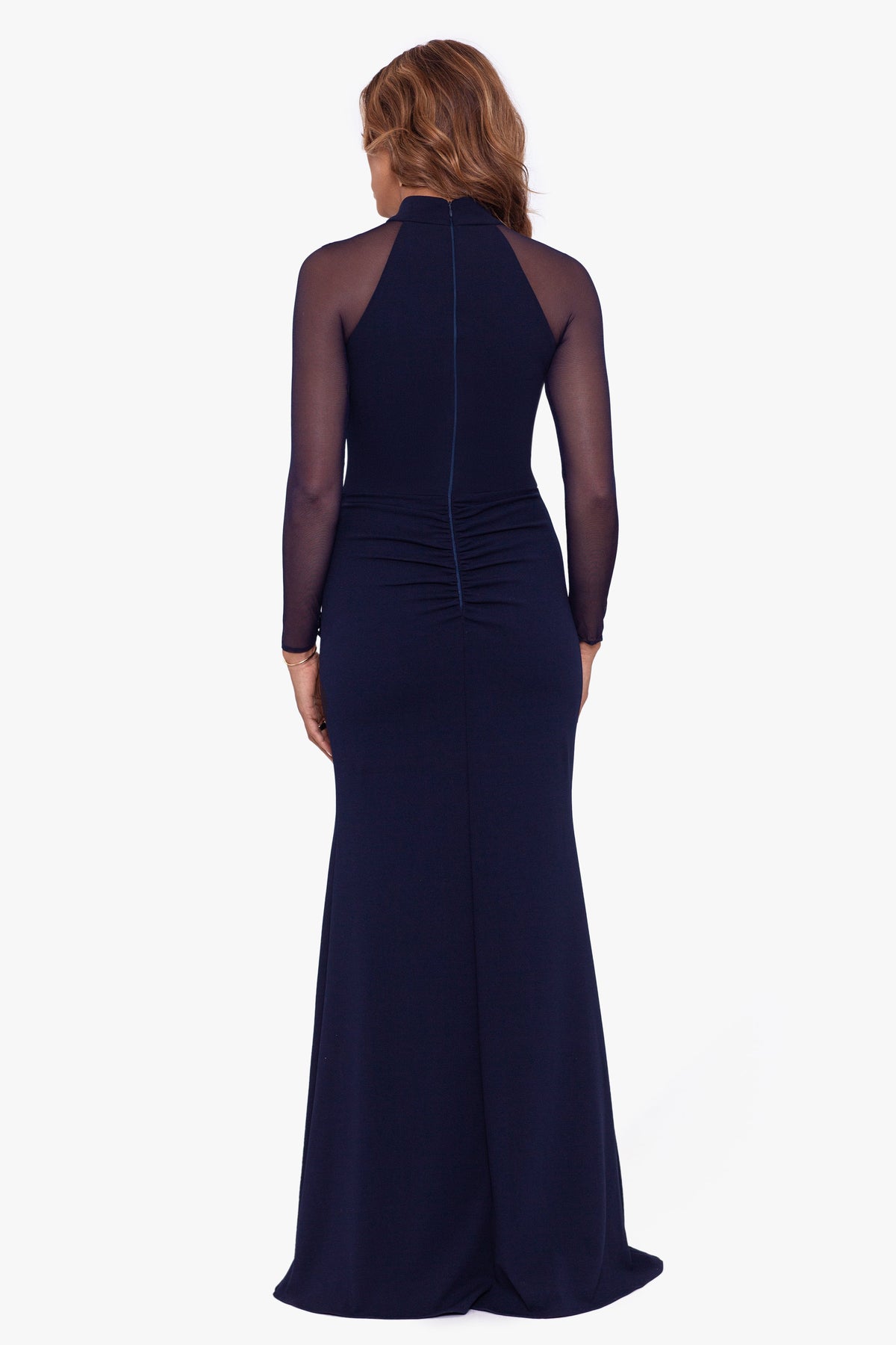 "Natalie" Scuba Crepe Mesh Sleeve Dress - Navy | Betsy & Adam