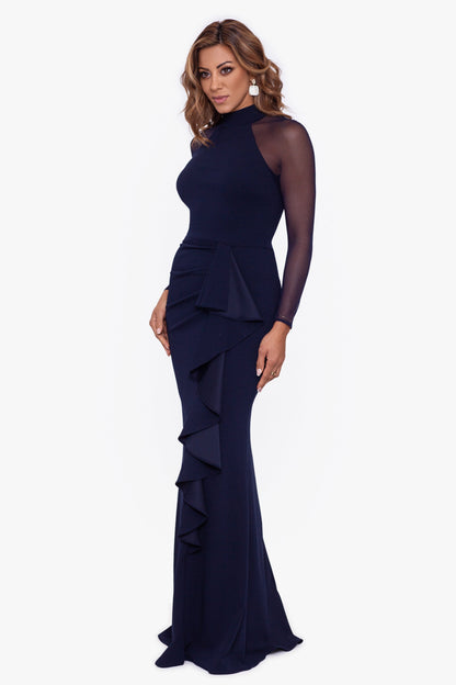 "Natalie" Scuba Crepe Mesh Sleeve Dress - Navy | Betsy & Adam