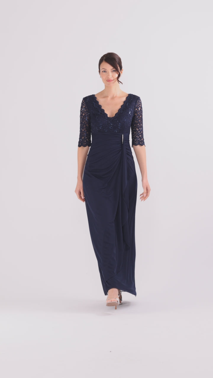"Johanna" Sheer Matte Jersey 3/4 Sleeve Dress - Navy | Betsy & Adam