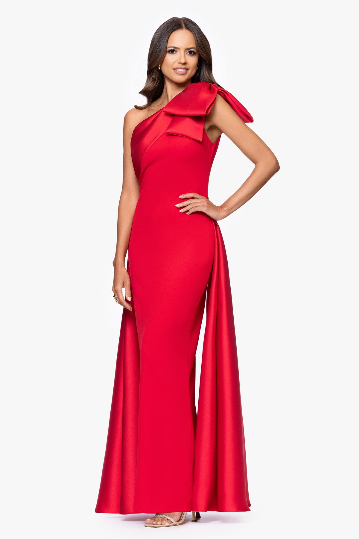 "Rosalie" Scuba Crepe One Shoulder Bow Embellished Gown - Red | Betsy & Adam