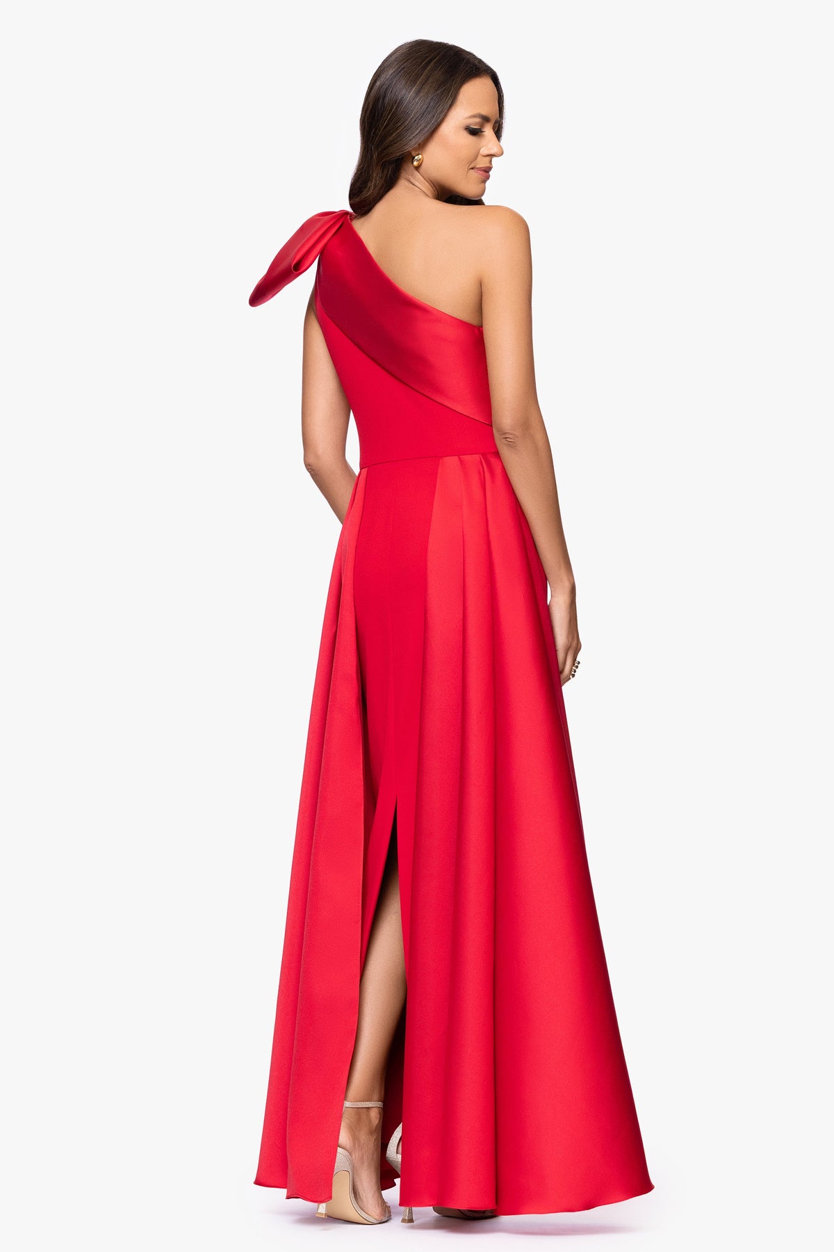 "Rosalie" Scuba Crepe One Shoulder Bow Embellished Gown - Red | Betsy & Adam
