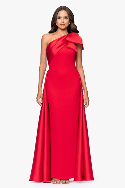 "Rosalie" Scuba Crepe One Shoulder Bow Embellished Gown - Red | Betsy & Adam
