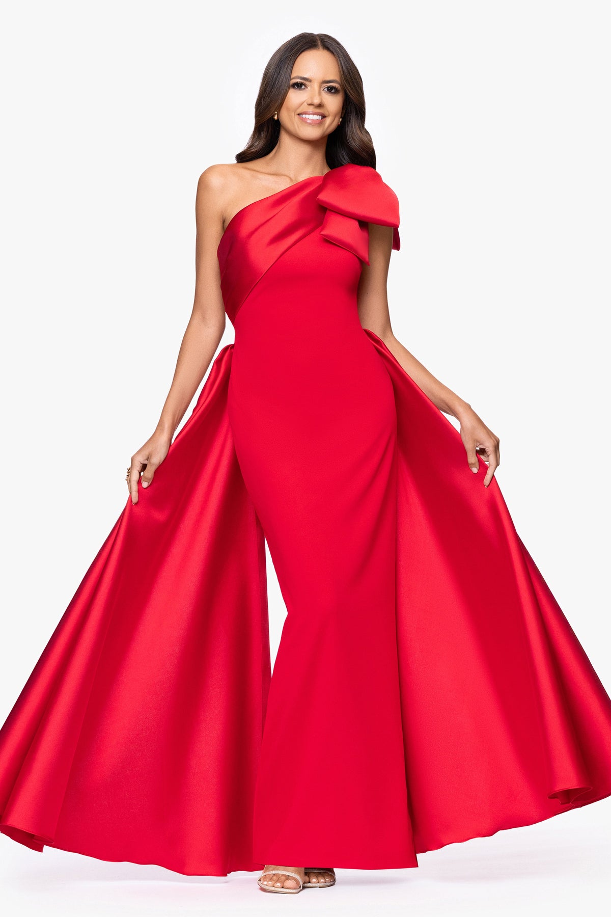 "Rosalie" Scuba Crepe One Shoulder Bow Embellished Gown - Red | Betsy & Adam