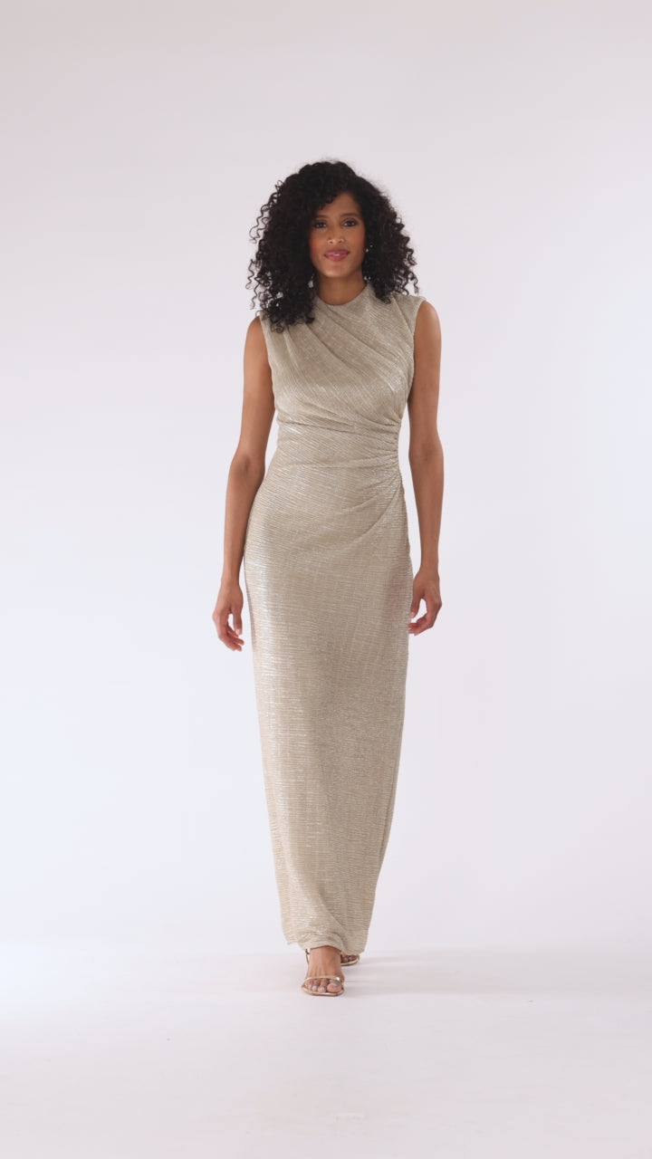 "Bethany" Metallic Ruched Dress - Gold | Betsy & Adam