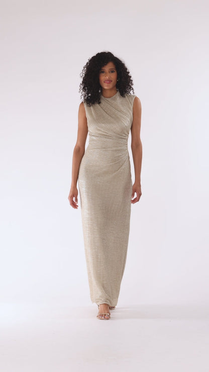 "Bethany" Metallic Ruched Dress - Gold | Betsy & Adam