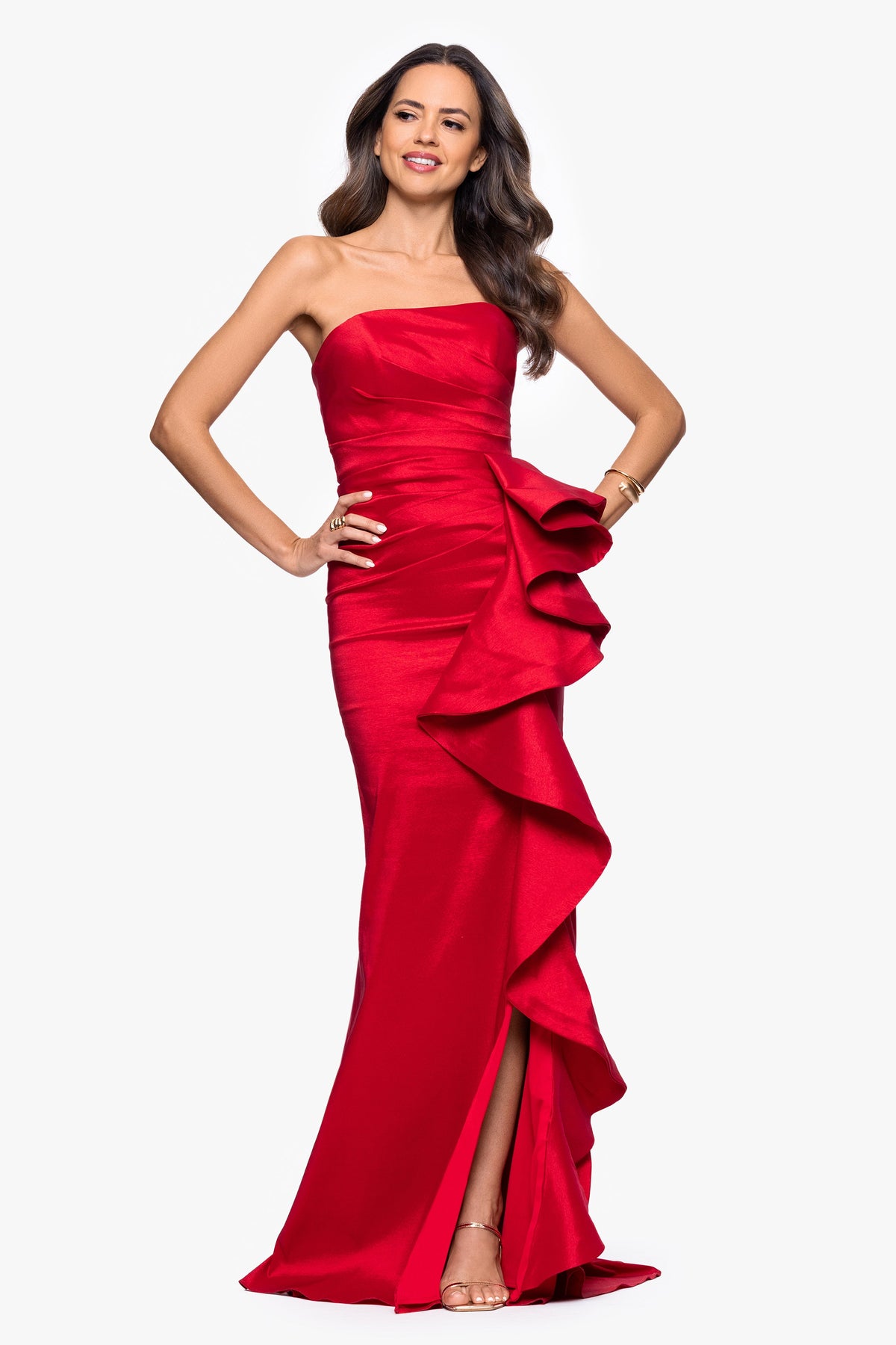 “Rowan” Taffeta Strapless Ruffle Dress - Red | Betsy & Adam
