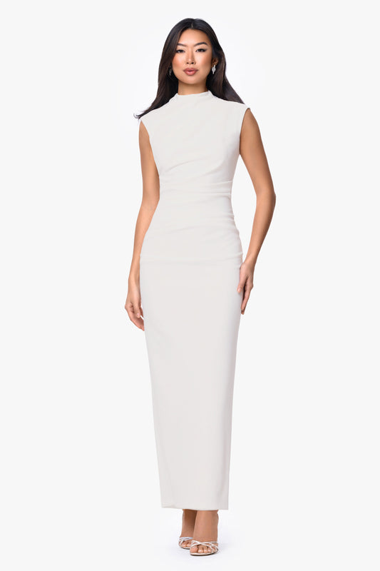 “Katalina” Scuba Crepe Ruched Mock Neck Dress - Ivory | Betsy & Adam