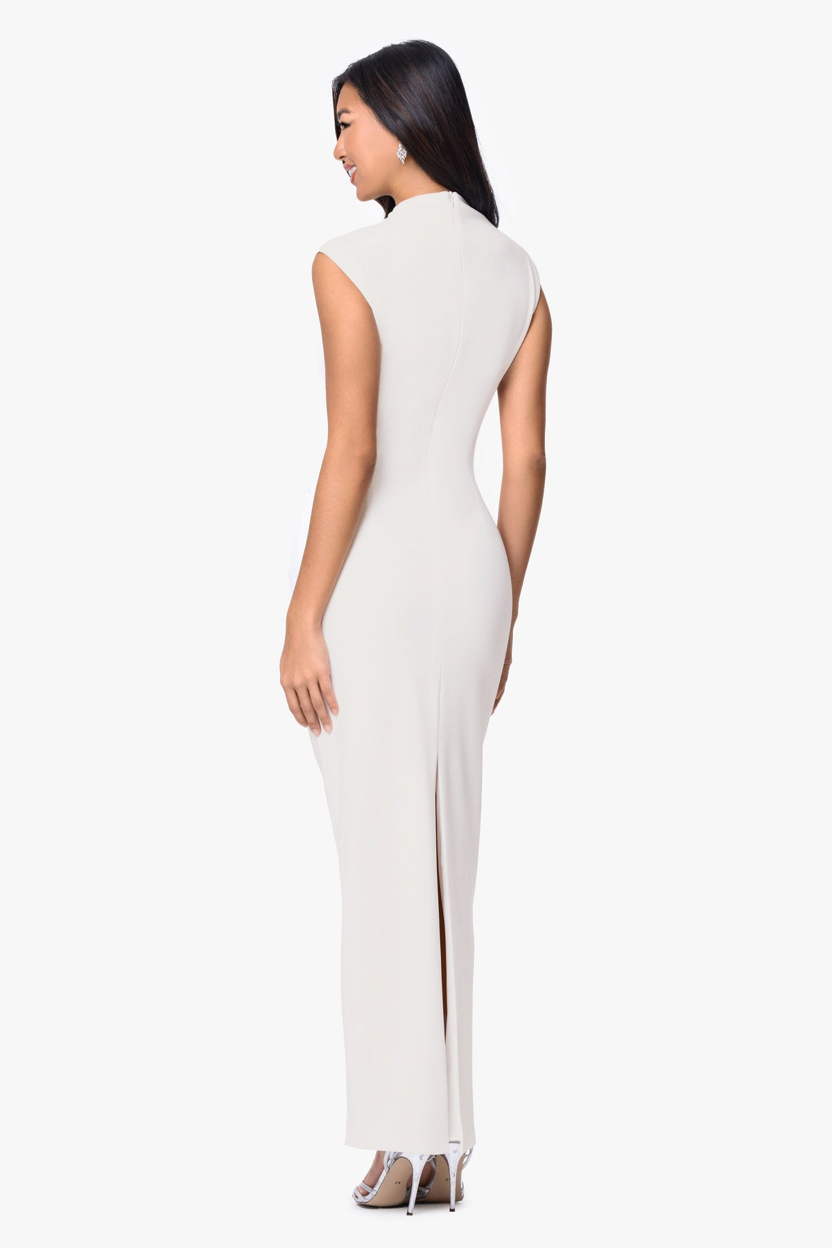 “Katalina” Scuba Crepe Ruched Mock Neck Dress - Ivory | Betsy & Adam