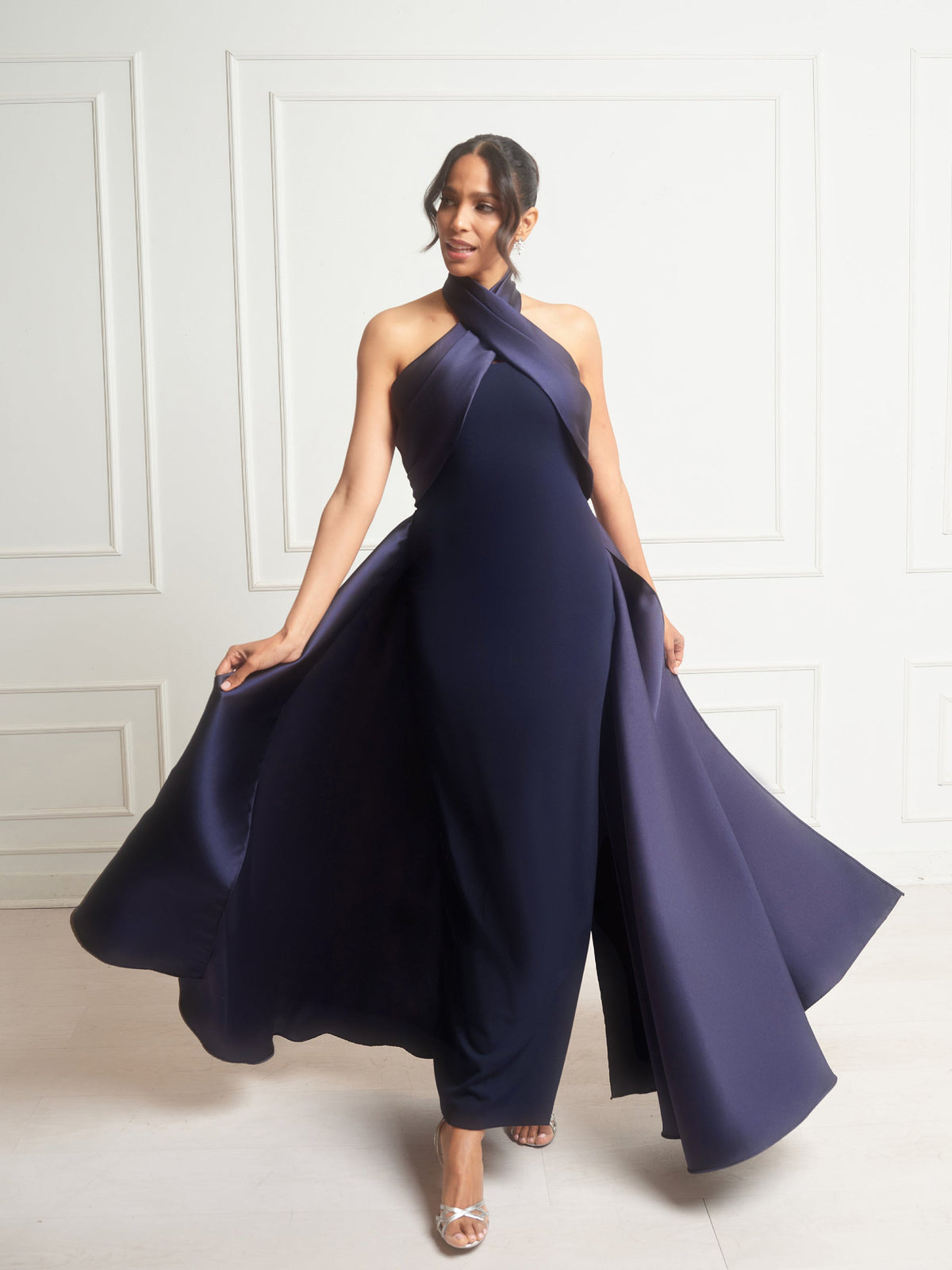 "Dina" Scuba Crepe Twist Halter Neck Gown - Navy | Betsy & Adam