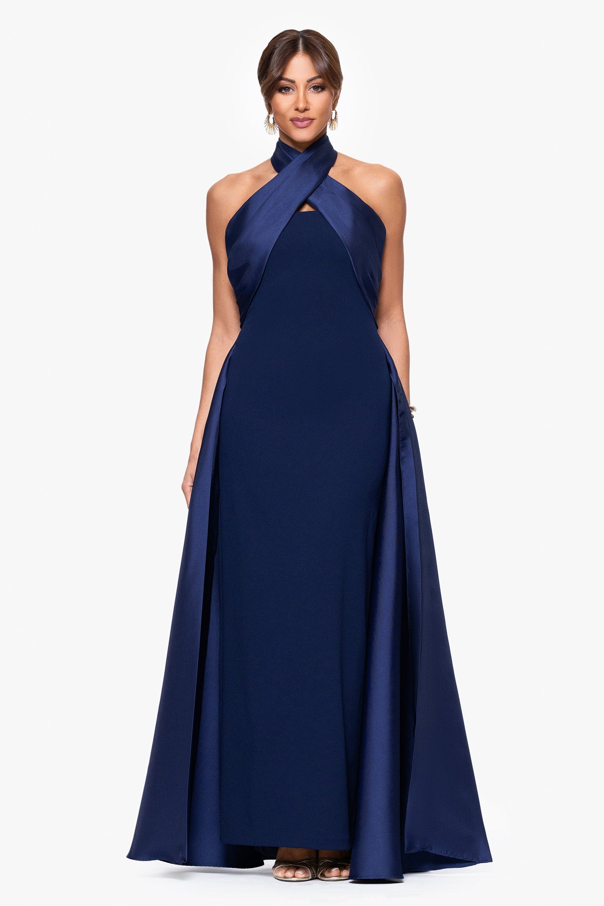"Dina" Scuba Crepe Twist Halter Neck Gown - Navy | Betsy & Adam