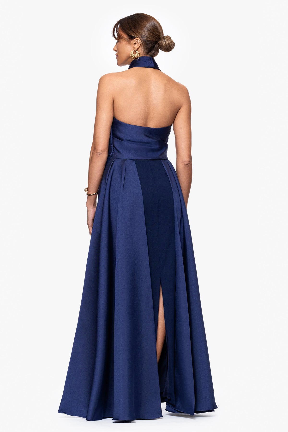 "Dina" Scuba Crepe Twist Halter Neck Gown - Navy | Betsy & Adam