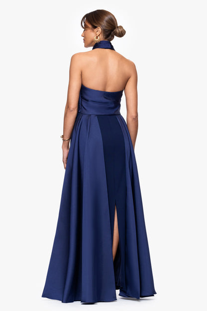 "Dina" Scuba Crepe Twist Halter Neck Gown - Navy | Betsy & Adam