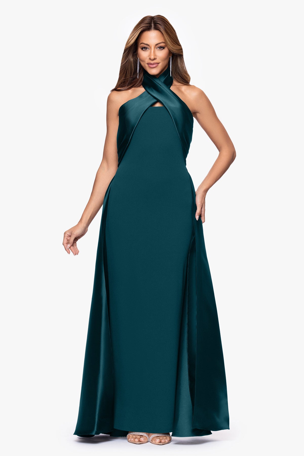 "Dina" Scuba Crepe Twist Halter Neck Gown - Pine | Betsy & Adam