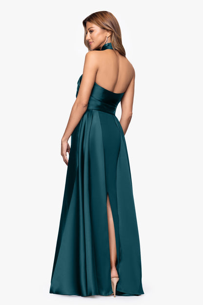 "Dina" Scuba Crepe Twist Halter Neck Gown - Pine | Betsy & Adam