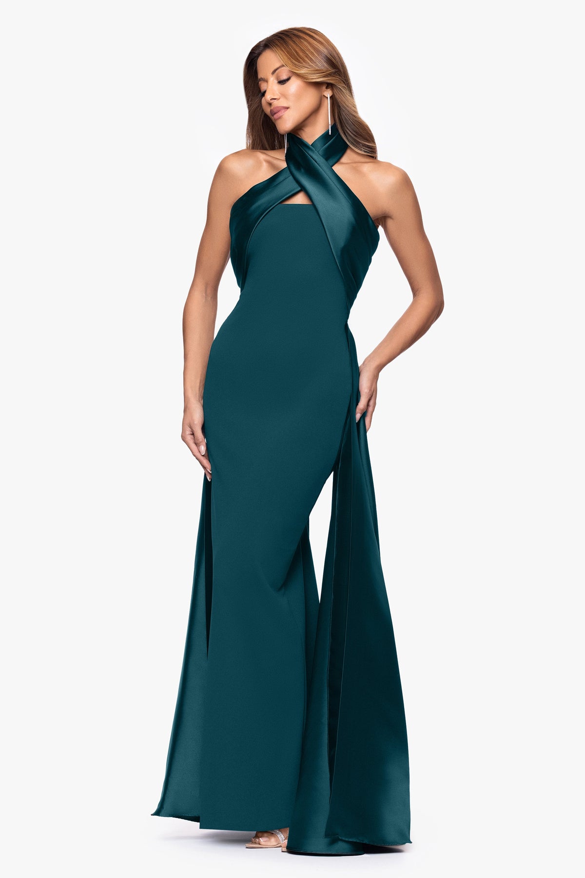"Dina" Scuba Crepe Twist Halter Neck Gown - Pine | Betsy & Adam