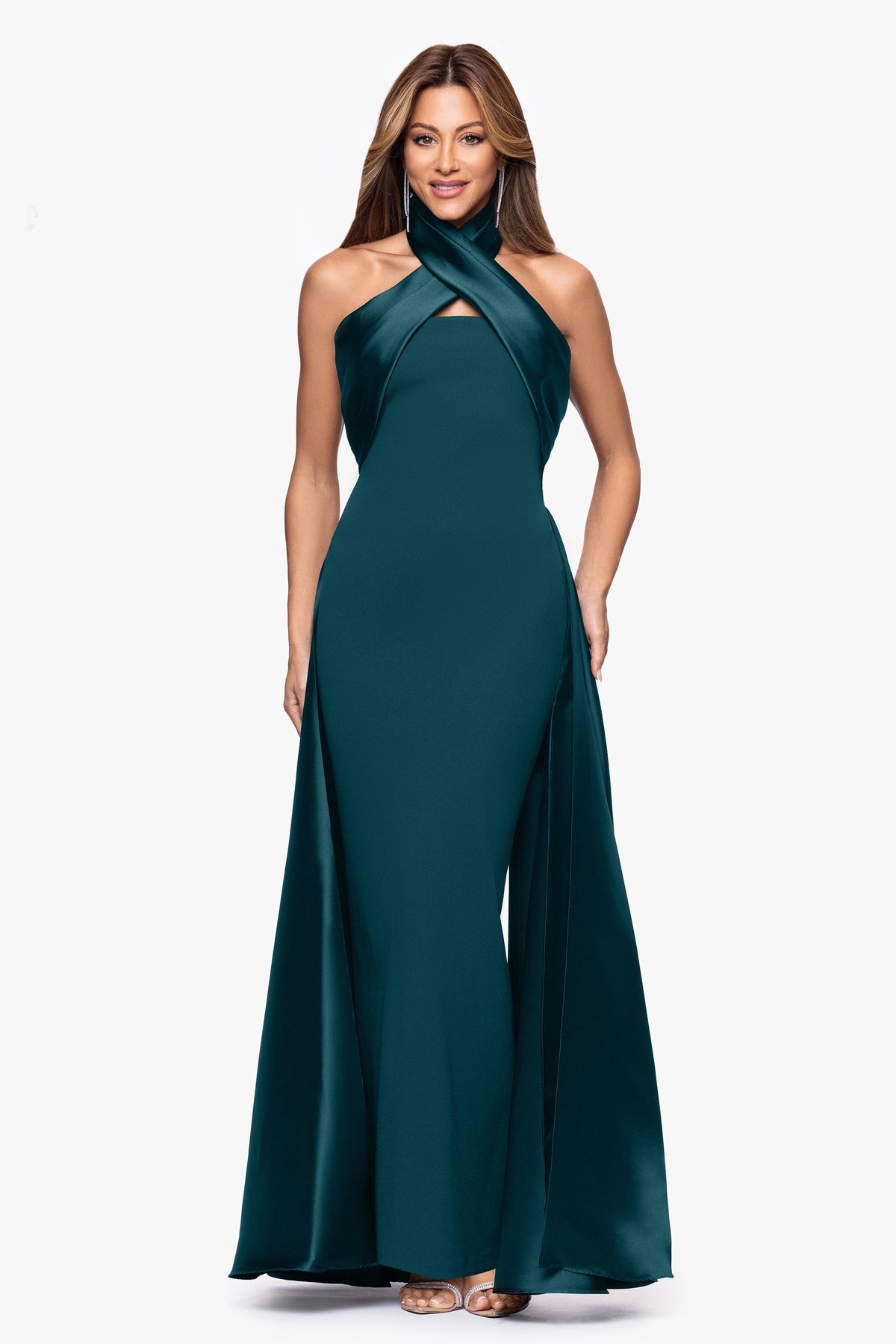 "Dina" Scuba Crepe Twist Halter Neck Gown - Pine | Betsy & Adam