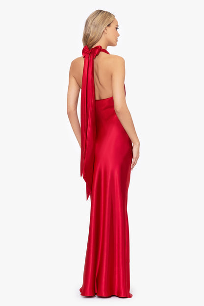 "Shannon" Satin Halter Necktie Dress - Red | Betsy & Adam