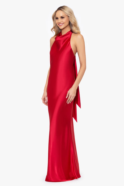 "Shannon" Satin Halter Necktie Dress - Red | Betsy & Adam