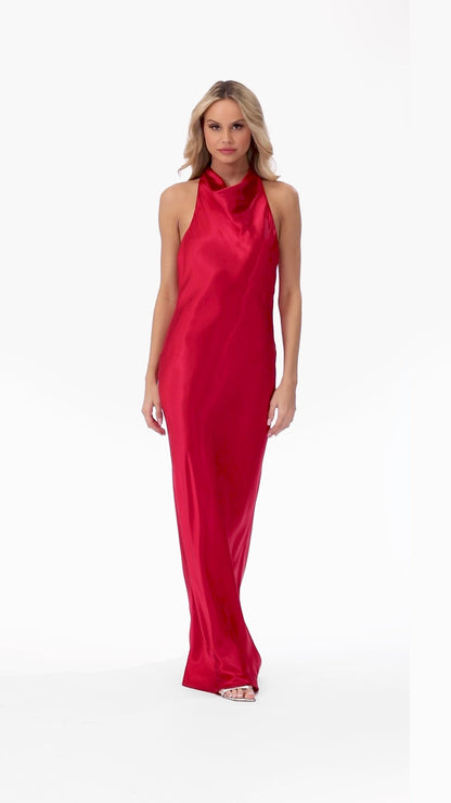 "Shannon" Satin Halter Necktie Dress - Red | Betsy & Adam