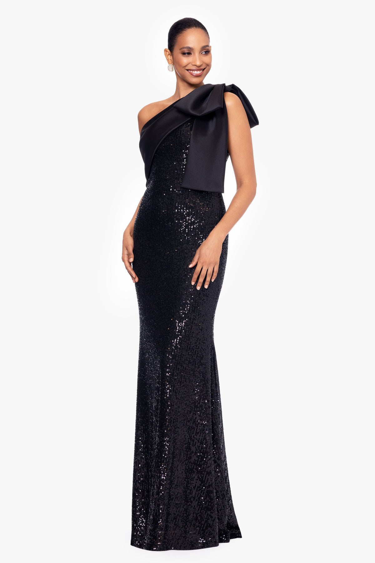 "Christy" Sequin With Satin Bow Dress - Black | Betsy & Adam