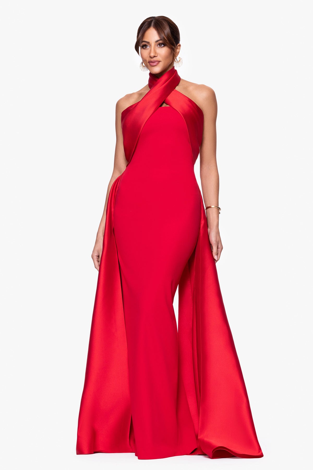 "Dina" Scuba Crepe Twist Halter Neck Gown - Red | Betsy & Adam