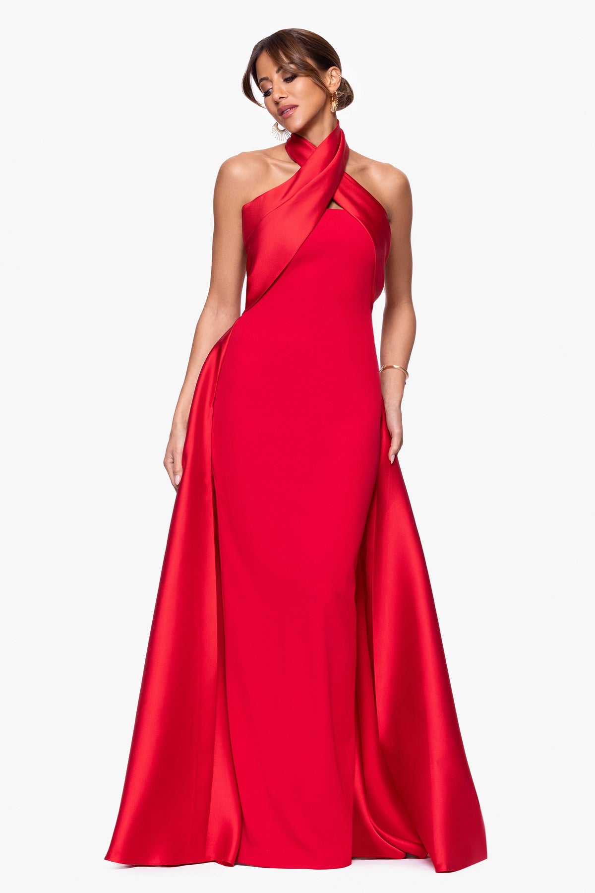 "Dina" Scuba Crepe Twist Halter Neck Gown - Red | Betsy & Adam