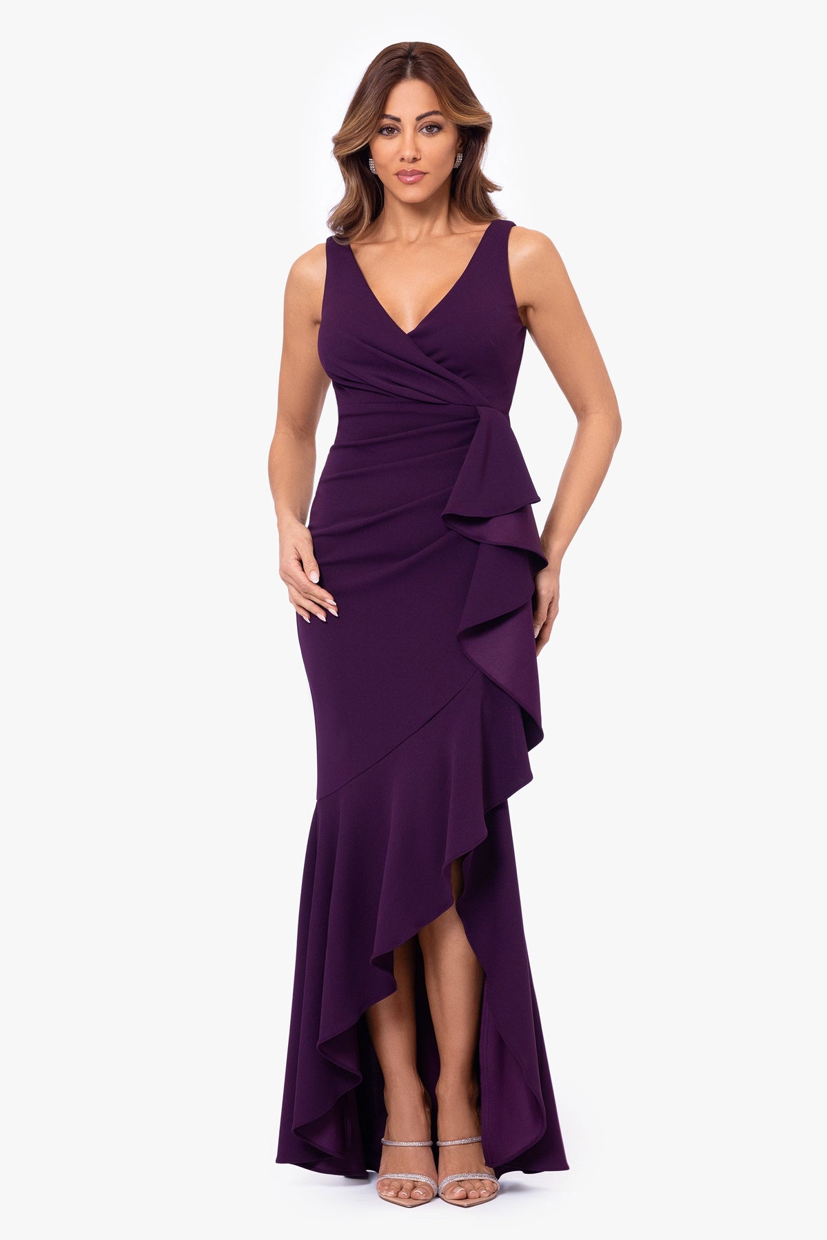 "Candace" V-Neck Hi Low Cascade Dress - Mulberry | Betsy & Adam