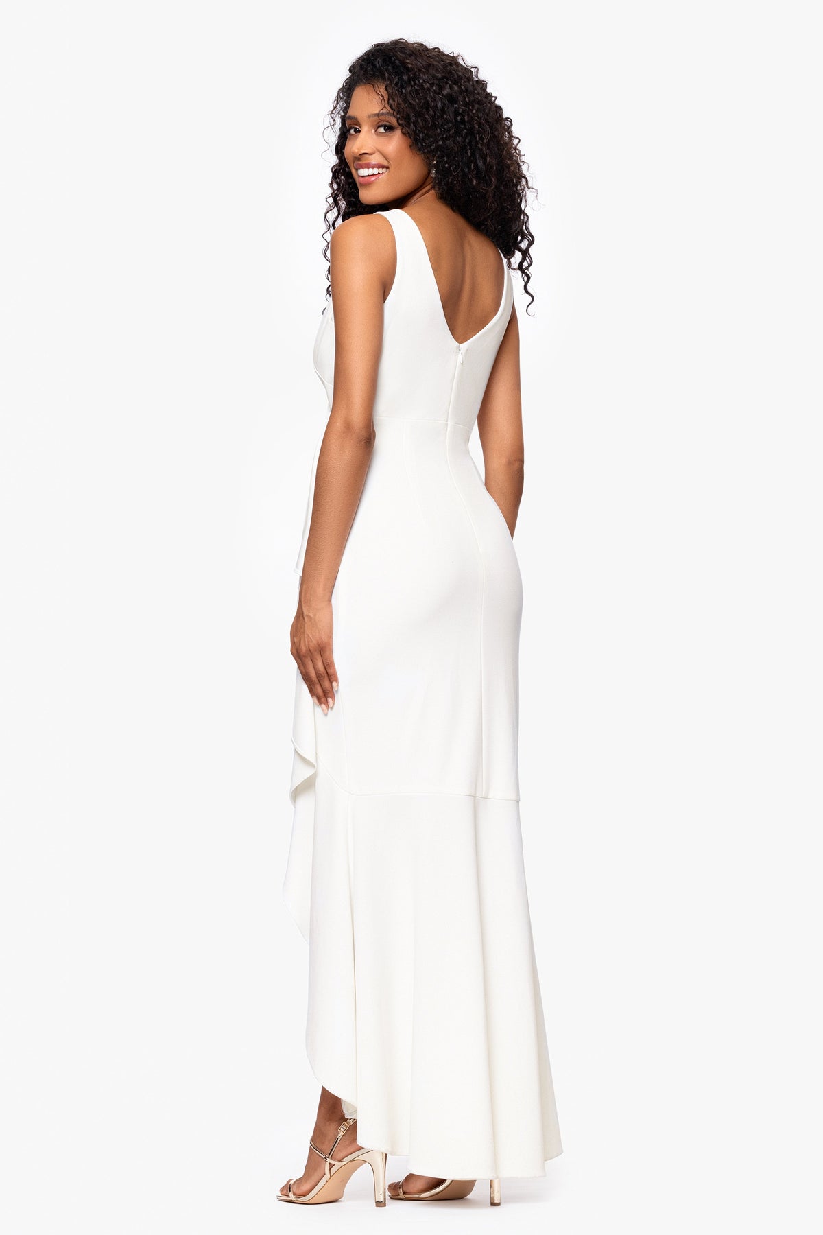 Petite "Candace" V-Neck Hi Low Cascade Dress - White | Betsy & Adam
