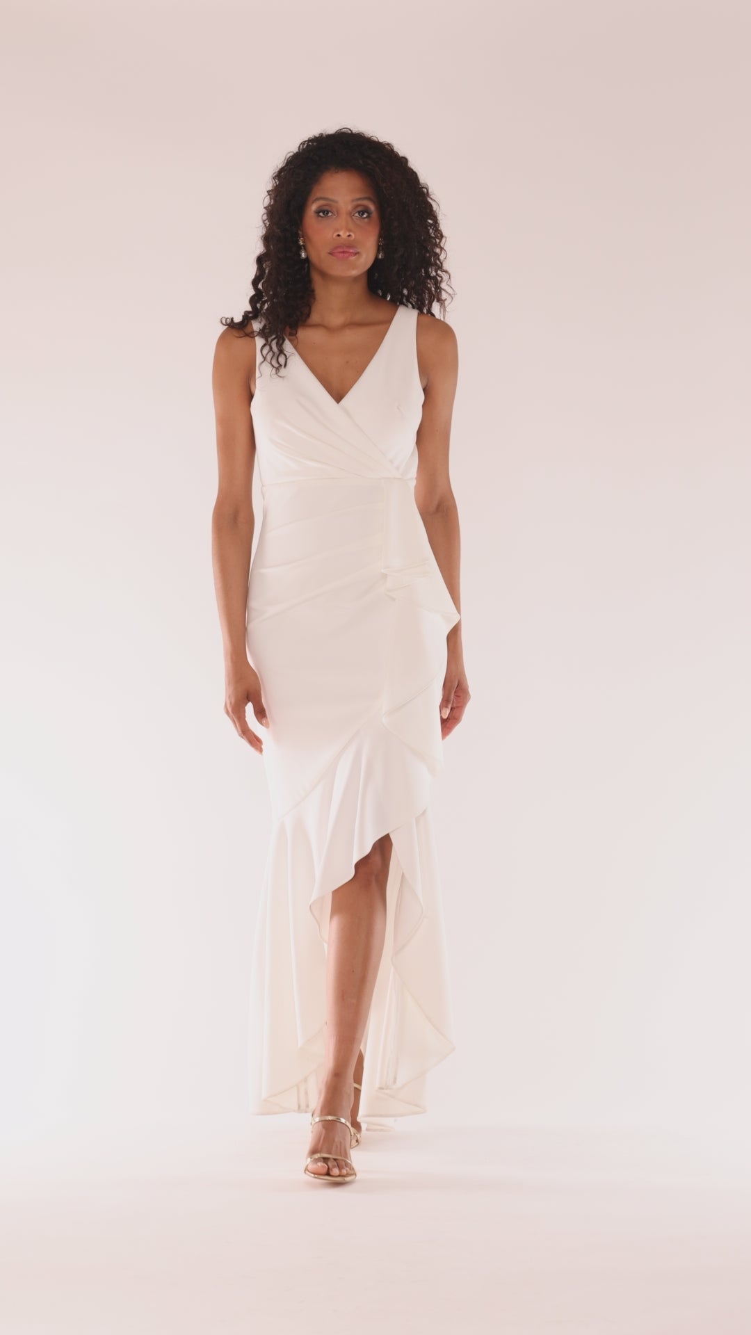 Petite "Candace" V-Neck Hi Low Cascade Dress - White | Betsy & Adam